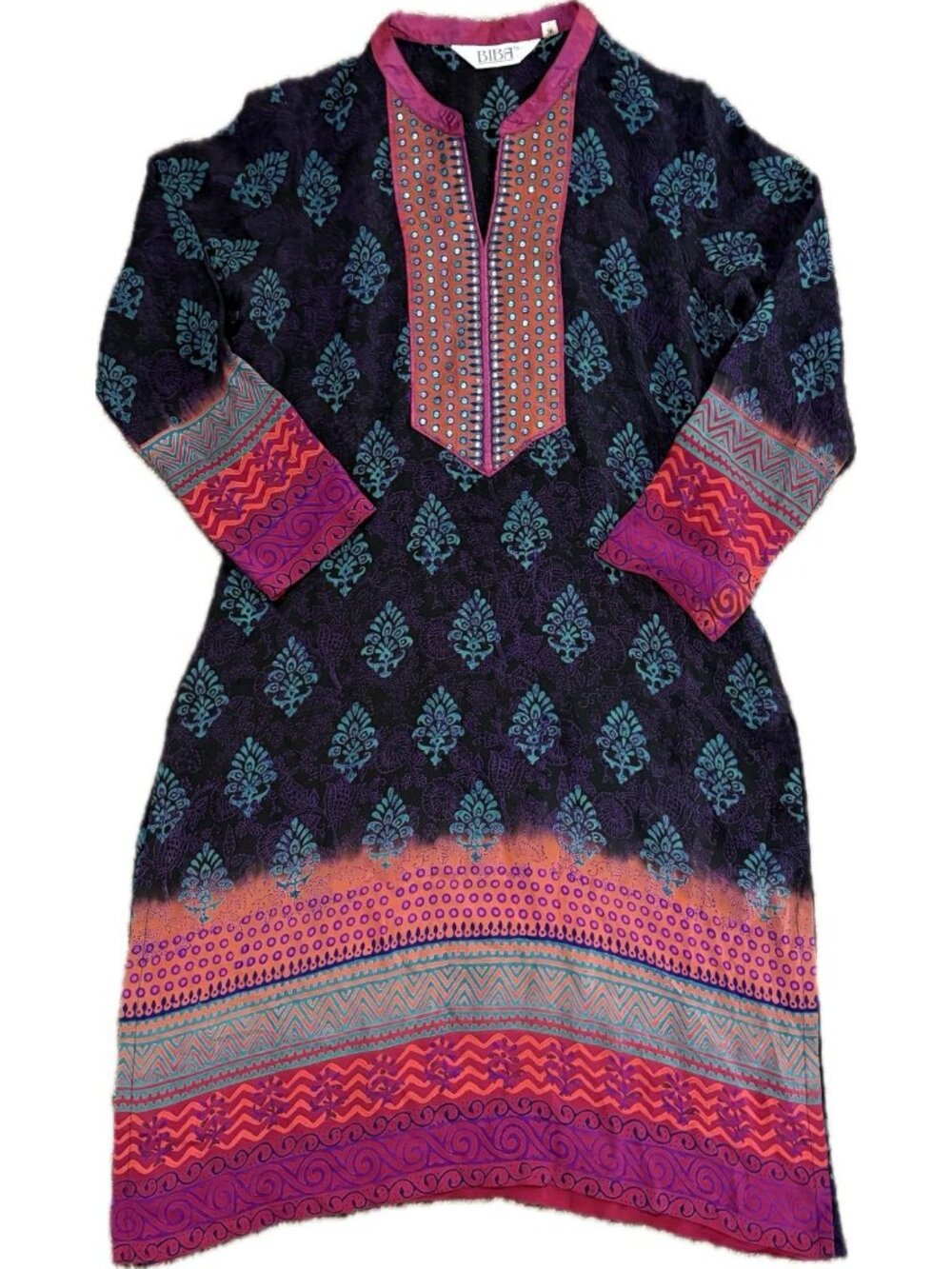 VTG Biba 36 M 8 Silk Dress Midi Kurta Bohemian Festival Sequins Artsy India
